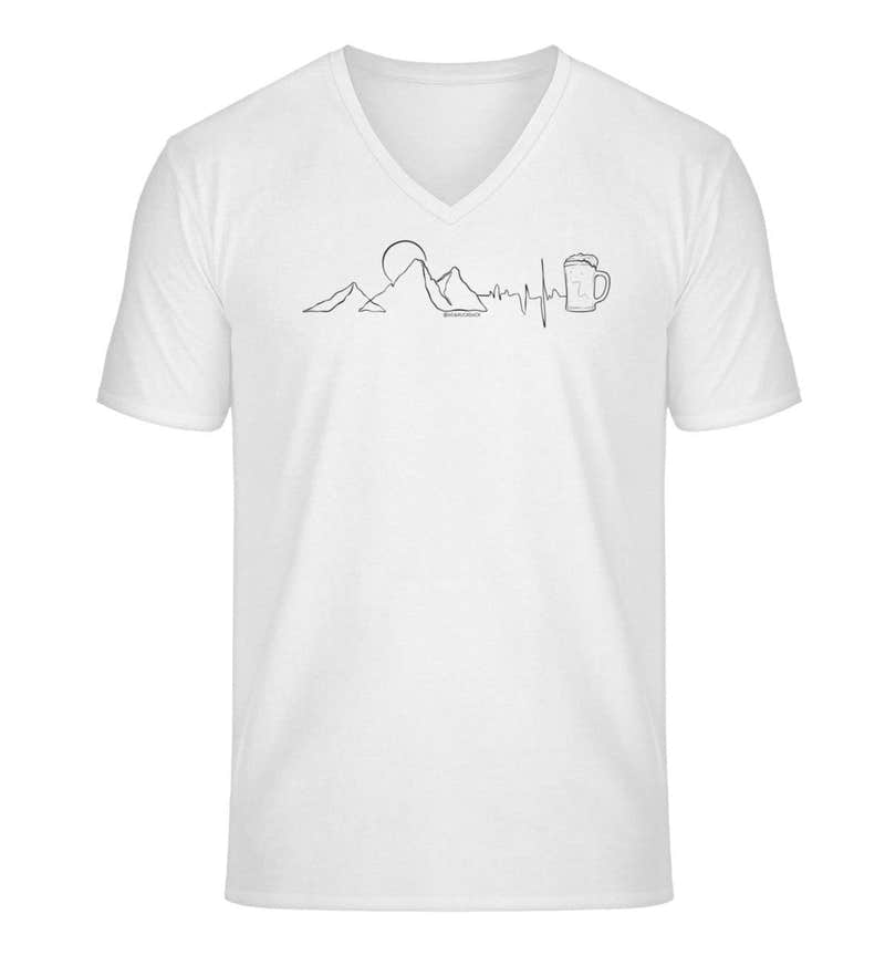 Berg Herzschlag Bier V-Neck T-Shirt Herren in Weiß (White) – Produktbild (100% Bio-Baumwolle) von Rad&Rucksack