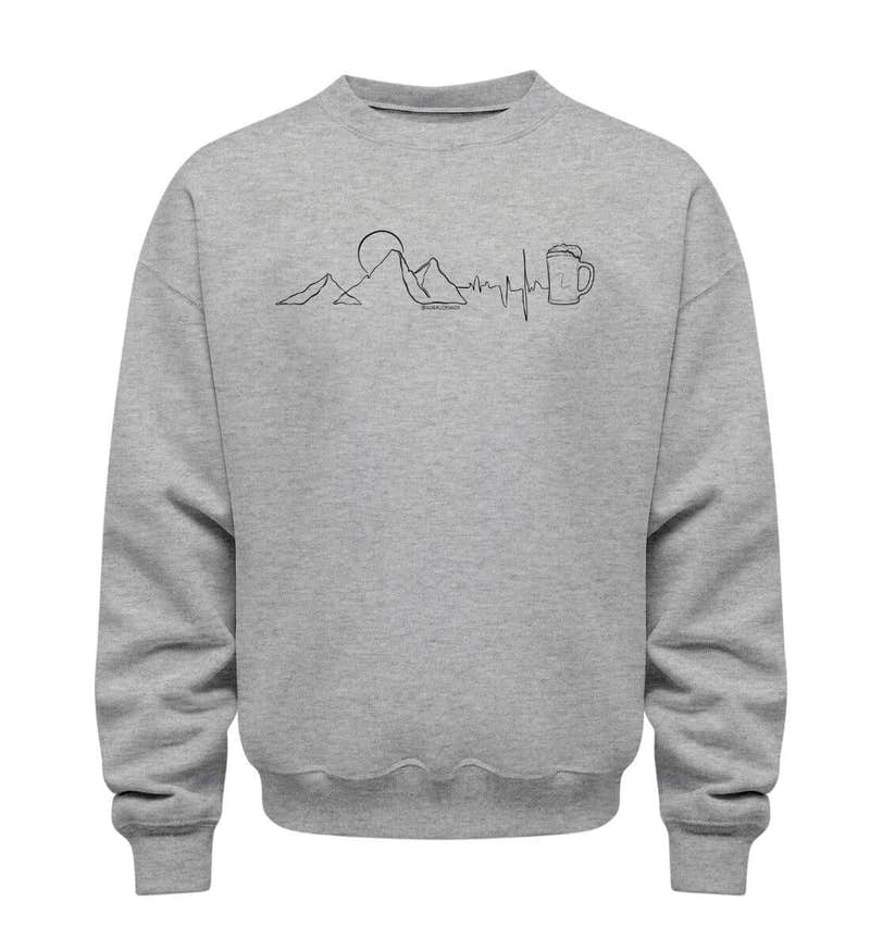 Berg Herzschlag Bier Pullover in Grau-Melange (Heather Grey) – Produktbild (350 g/m² Bio-Baumwolle) von Rad&Rucksack