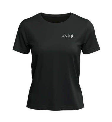 Berg Kompass Wandern T-Shirt Damen Schwarz – Produktbild (100% Bio-Baumwolle mit Stick) von Rad&Rucksack