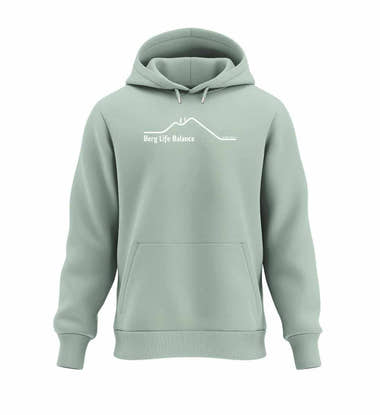 Warmer Hüttentour Hoodie Berg Life Balance in Salbeigrün (Aloe) – Produktbild (350 g/m² Bio-Baumwolle) von Rad&Rucksack