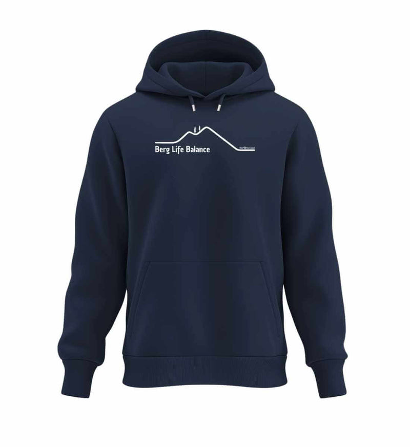 Berg und Balance Hoodie „Berg Life Balance“ in Dunkelblau (French Navy) – Produktbild (350 g/m² Bio-Baumwolle) von Rad&Rucksack