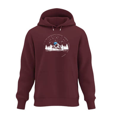 Warmer Hüttentour Hoodie Berg Nacht in Weinrot (Burgundy) – Produktbild (350 g/m² Bio-Baumwolle) von Rad&Rucksack