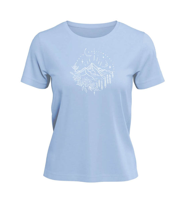 Natur Kleidung Damen T-Shirt „Berg Natur“ in Mittelblau (Blue Soul) – Produktbild (100% Bio-Baumwolle) von Rad&Rucksack