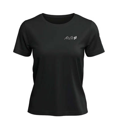 Berg Sonne Wandern T-Shirt Damen Schwarz – Produktbild (100% Bio-Baumwolle mit Stick) von Rad&Rucksack