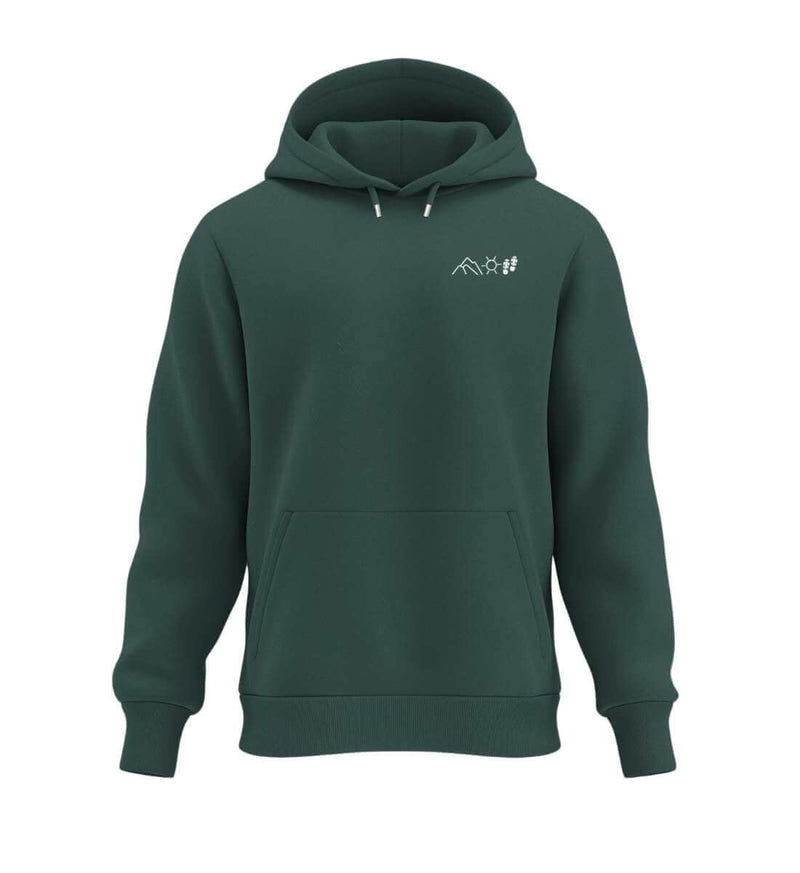 Berg Sonne Wandern Stick Hoodie in Tannengrün (Glazed Green) – Produktbild (350 g/m² Bio-Baumwolle) von Rad&Rucksack