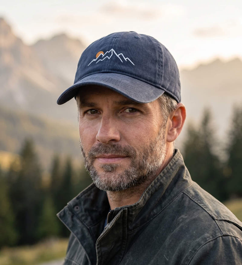 Berg Sonnenuntergang | Organic Herren Cap mit Stick von Rad&Rucksack - am Model präsentiert