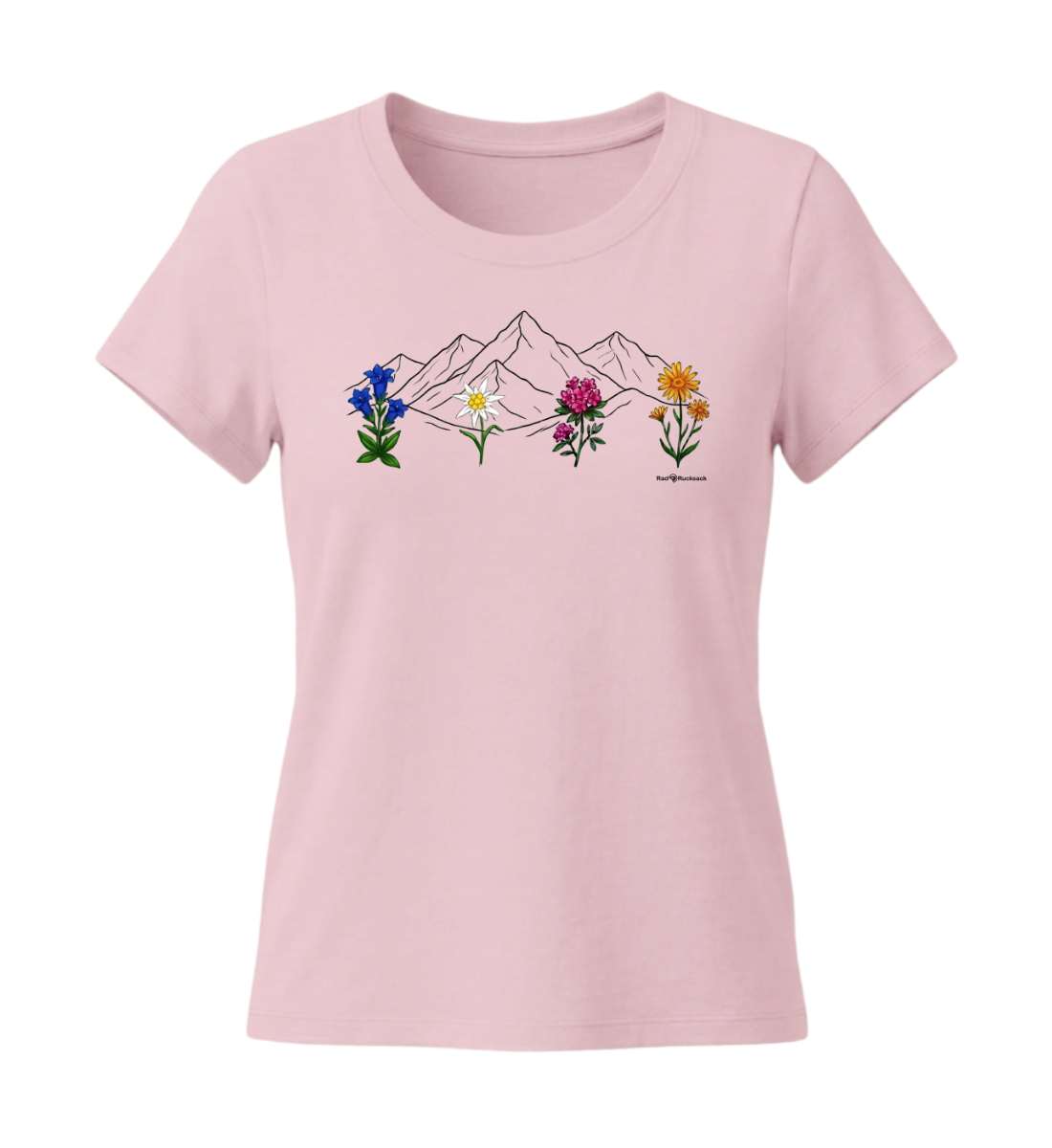 Berge Blumen | Damen Premium Organic T-Shirt (Fitted) in Cotton Pink von Rad&Rucksack