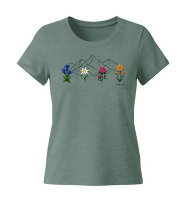 Berge Blumen Bio T-Shirt Damen Tailliert in Meeresgrün (Green Bay) – Produktbild (155 g/m² Bio-Baumwolle, tailliert) von Rad&Rucksack