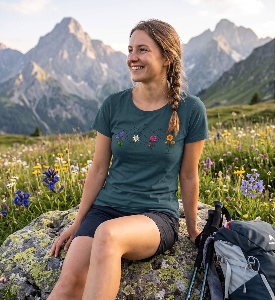Berge Blumen | Damen Premium Organic T-Shirt (Fitted) von Rad&Rucksack - am Model präsentiert