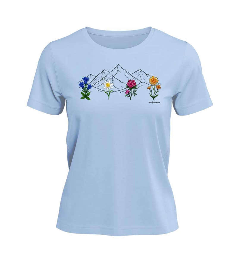 Berge Blumen T-Shirt Damen in Mittelblau (Blue Soul) – Produktbild (100% Bio-Baumwolle) von Rad&Rucksack