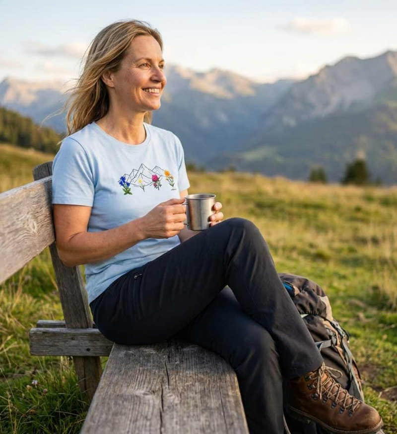 Berge Blumen Bio T-Shirt Damen – Modelbild (100% Bio-Baumwolle) von Rad&Rucksack