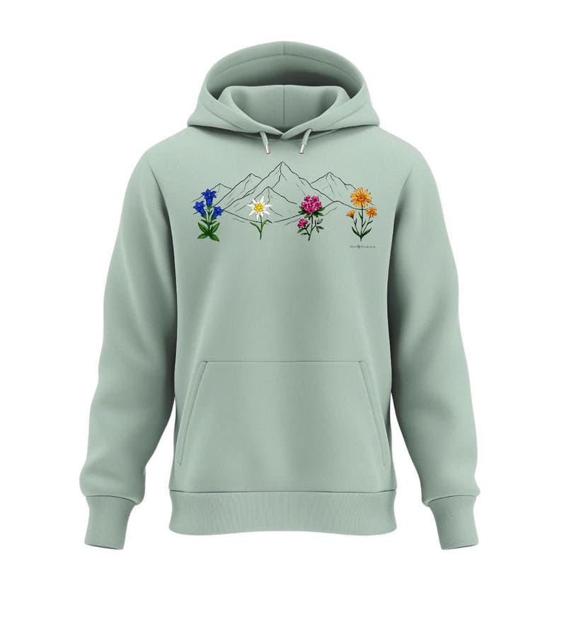 Berge Blumen | Unisex Organic Hoodie in Aloe von Rad&Rucksack