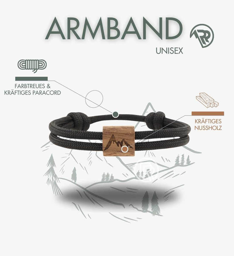 Armband Berge – Modelbild (FSC-Walnussholz & Paracord) von Rad&Rucksack