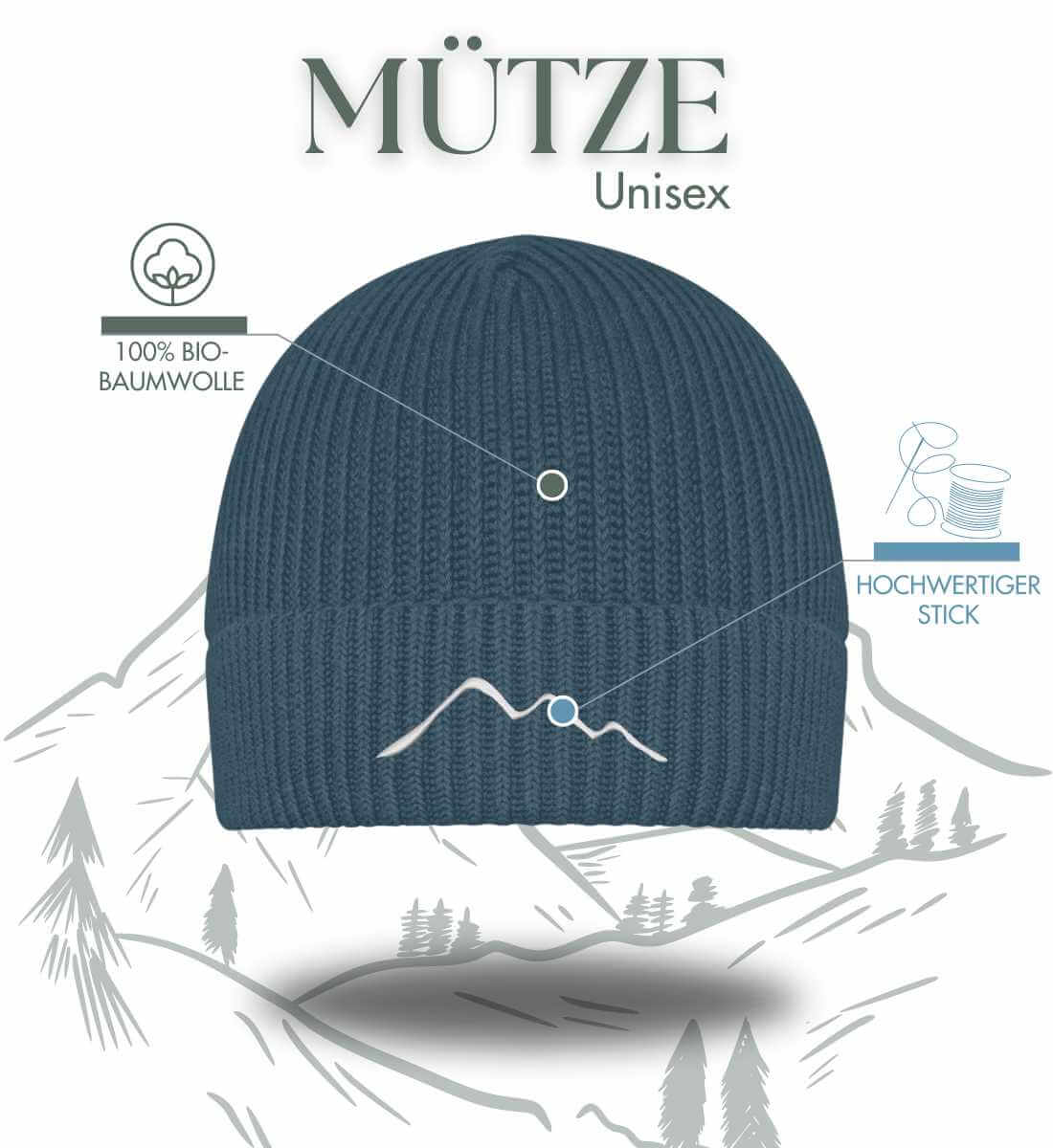 Berge Stick | Organic Wollmütze mit Stick von Rad&Rucksack - am Model präsentiert