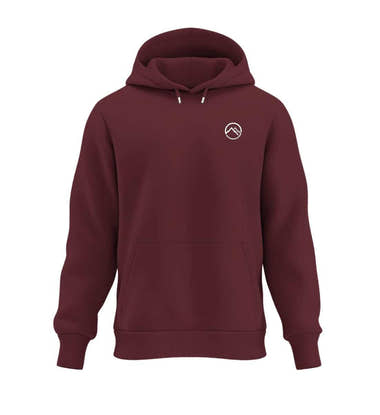 Warmer Hüttentour Hoodie Berge in Weinrot (Burgundy) – Produktbild (350 g/m² Bio-Baumwolle) von Rad&Rucksack
