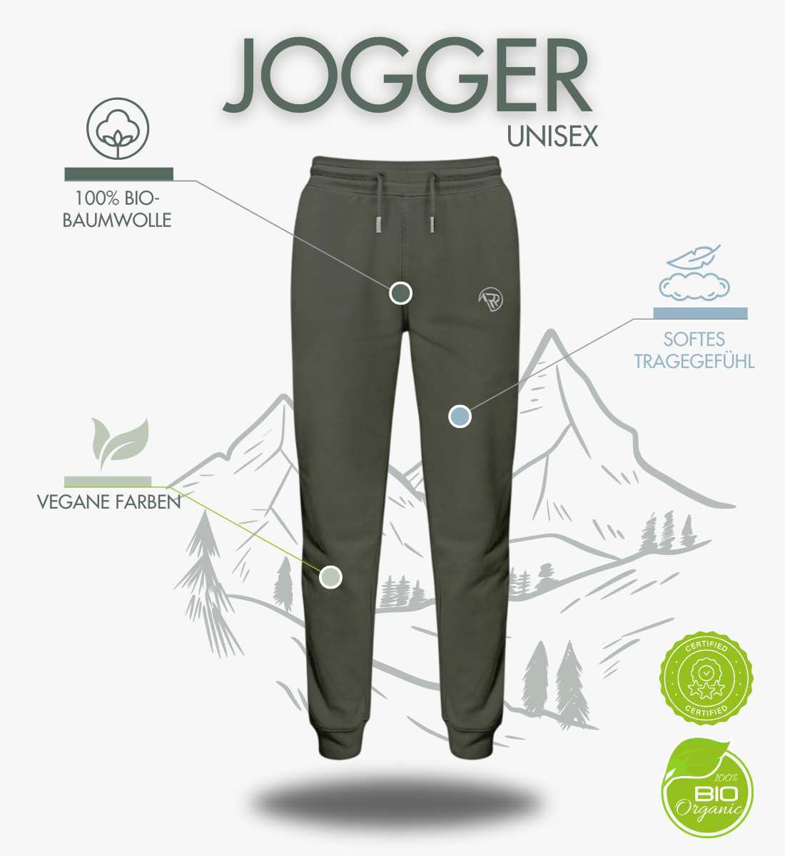Faires Outdoor Jogger Berge – Produktbild (300 g/m² Bio-Sweatstoff) von Rad&Rucksack