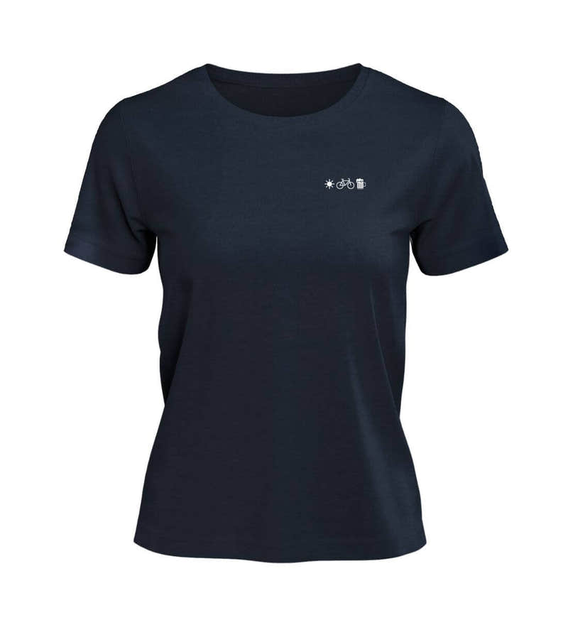 Feierabendbier Radfahren T-Shirt mit Stick „Bier Bike Sonne“ in Dunkelblau (French Navy) – Produktbild von Rad&Rucksack
