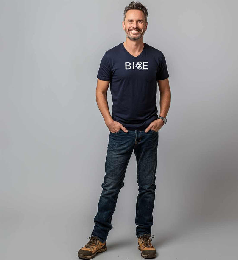 Bike Fahrrad | Herren V-Neck Premium Organic T-Shirt von Rad&Rucksack - am Model präsentiert