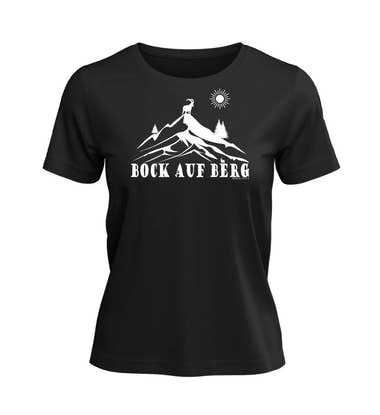 Outdoor T-Shirt Bock auf Berg Damen in Schwarz – Produktbild (100% Bio-Baumwolle) von Rad&Rucksack