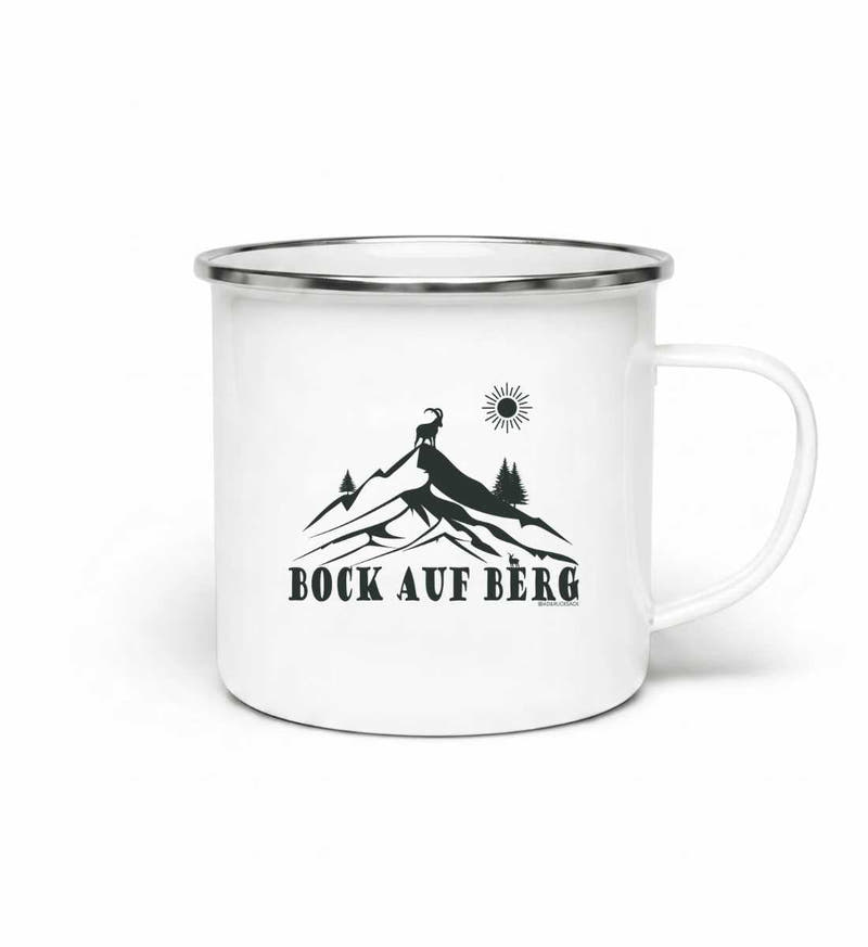 Bock auf Berg | Emaille Tasse von Rad&Rucksack - am Model präsentiert