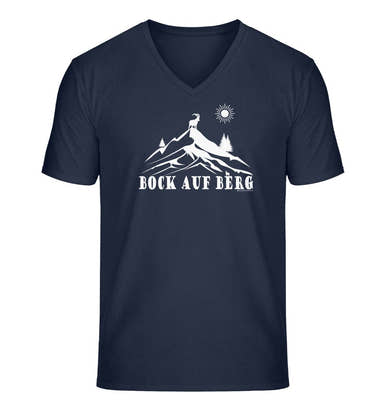 Bock auf Berg V-Neck T-Shirt Herren in Dunkelblau (French Navy) – Produktbild (100% Bio-Baumwolle) von Rad&Rucksack