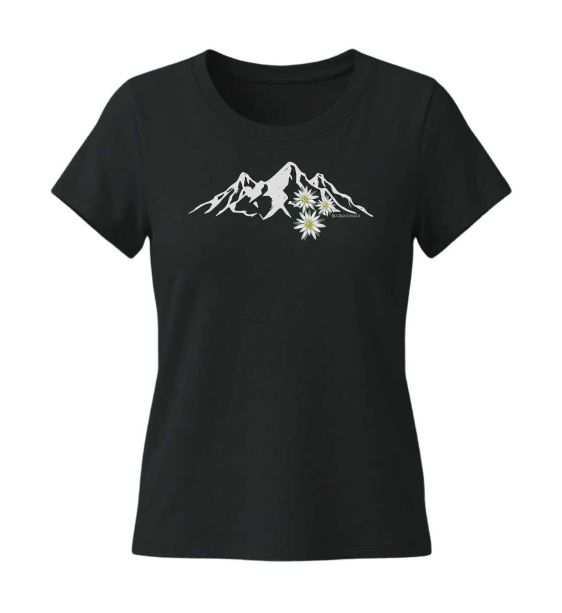 Geschenk Wanderin Edelweiß Tailliert in Schwarz (Black) – Produktbild (155 g/m² Bio-Baumwolle, tailliert) von Rad&Rucksack