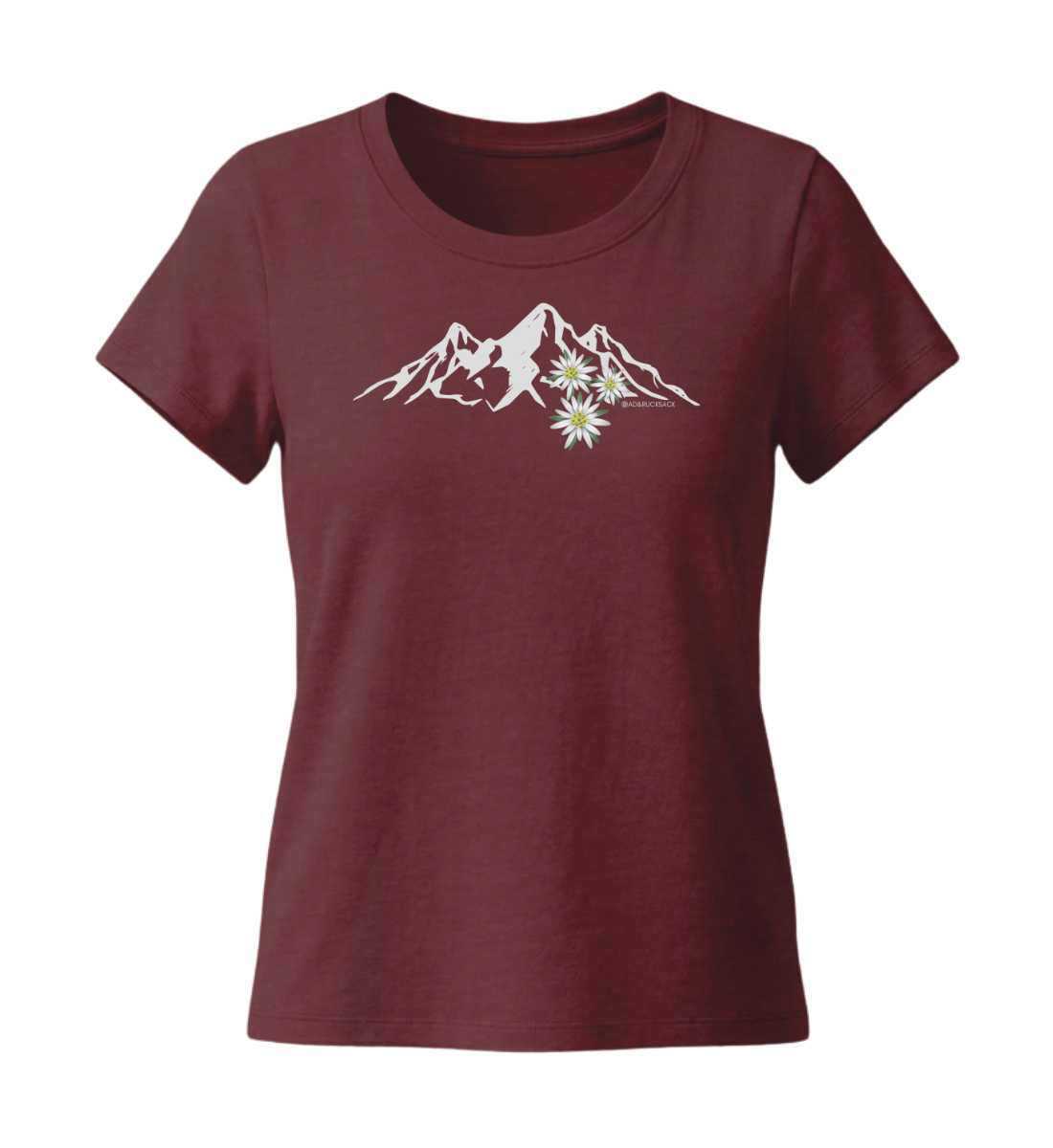 Edelweiß T-Shirt Damen Weinrot (Burgundy) – Produktbild (155 g/m² Bio-Baumwolle, tailliert) von Rad&Rucksack