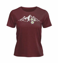 Edelweiß T-Shirt Damen Weinrot (Burgundy) – Produktbild (100% Bio-Baumwolle) von Rad&Rucksack