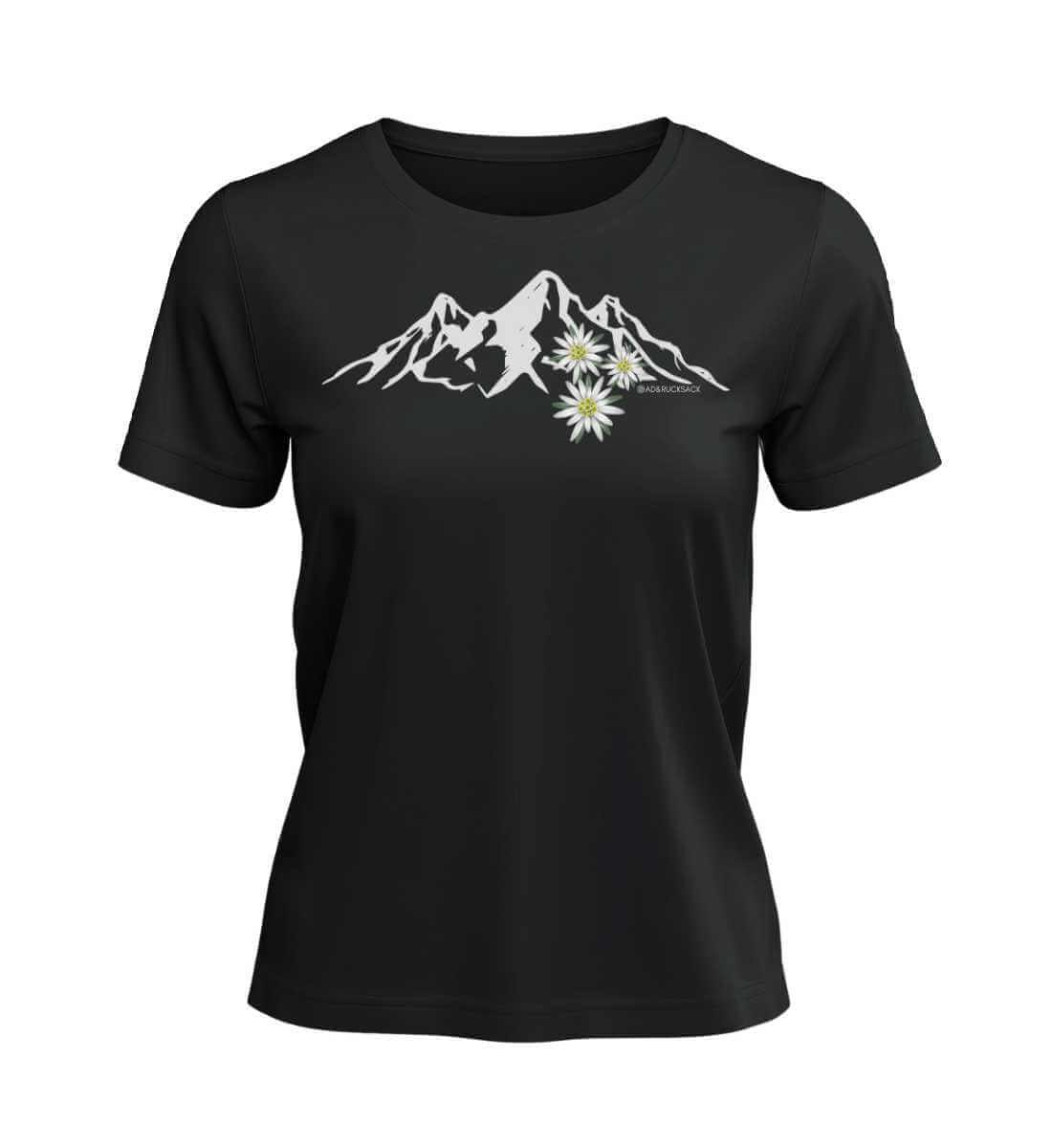 Outdoor T-Shirt Edelweiß Damen in Schwarz – Produktbild (100% Bio-Baumwolle) von Rad&Rucksack