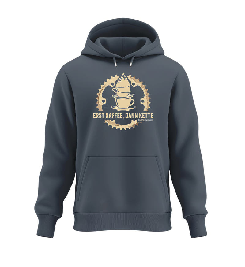 Erst Kaffee, dann Kette | Unisex Organic Hoodie in India Ink Grey von Rad&Rucksack