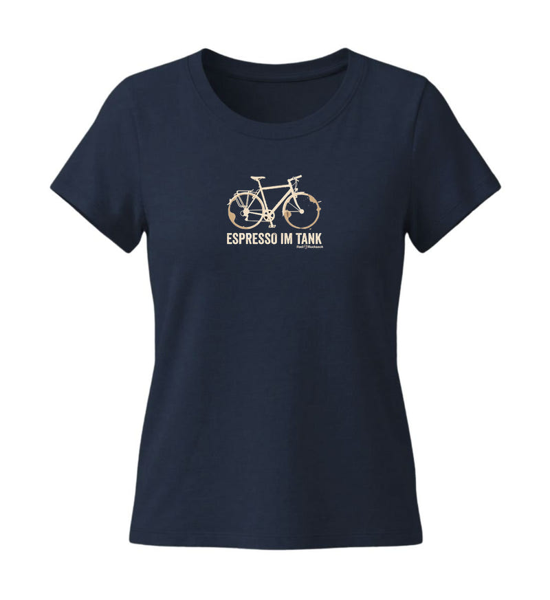 Espresso Tour T-Shirt Damen Tailliert in Dunkelblau (French Navy) – Produktbild (155 g/m² Bio-Baumwolle, tailliert) von Rad&Rucksack