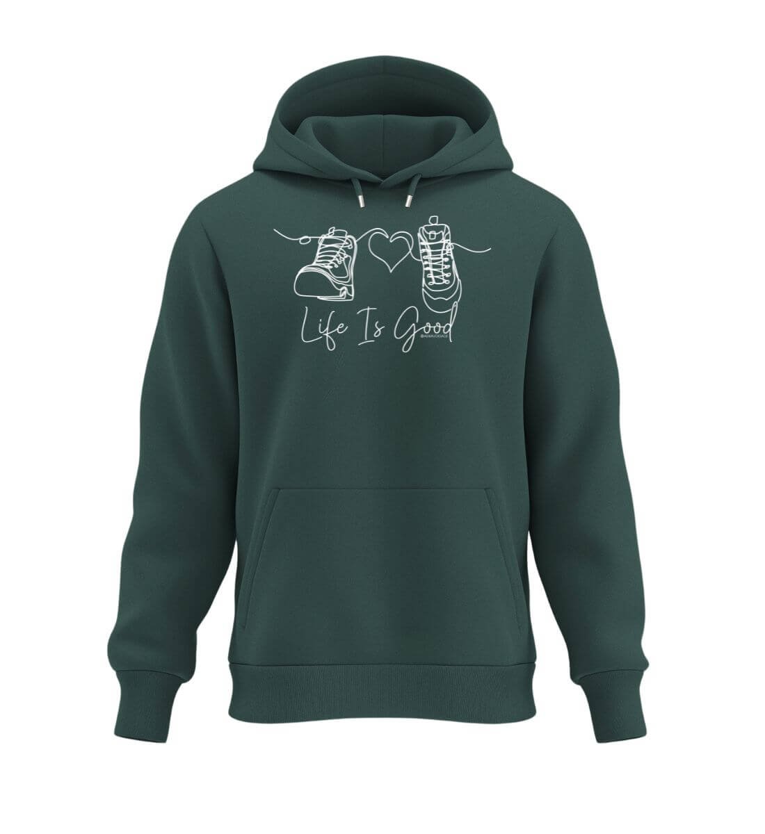 Good Life Kapuzenpullover in Tannengrün (Glazed Green) – Produktbild (350 g/m² Bio-Baumwolle) von Rad&Rucksack