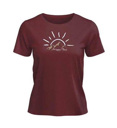 Happy Place T-Shirt Damen Weinrot (Burgundy) – Produktbild (100% Bio-Baumwolle) von Rad&Rucksack