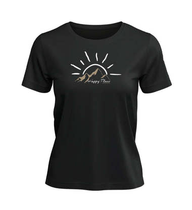 Happy Place T-Shirt Damen Schwarz – Produktbild (100% Bio-Baumwolle) von Rad&Rucksack