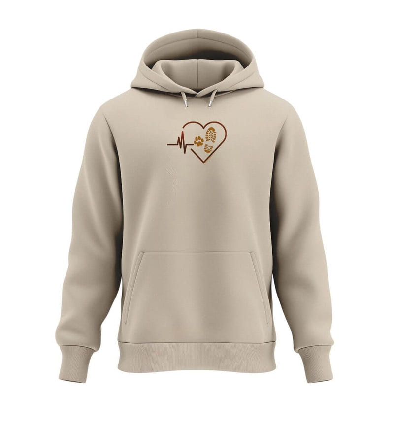 Herzschlag Hund Wandern Hoodie in Sandbeige (Desert Dust) – Produktbild (350 g/m² Bio-Baumwolle) von Rad&Rucksack