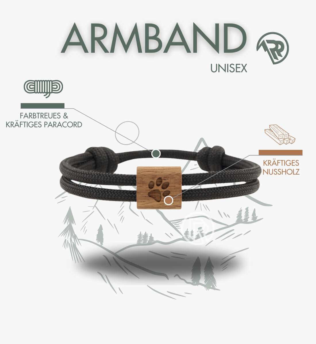 Hund Pfote | Nussholz Paracord Armband von Rad&Rucksack - am Model präsentiert