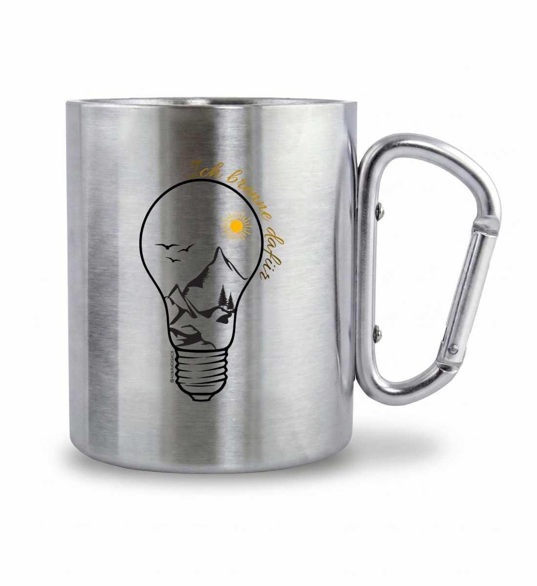 Ich brenne dafür | Edelstahltasse mit Karabinergriff von Rad&Rucksack - am Model präsentiert