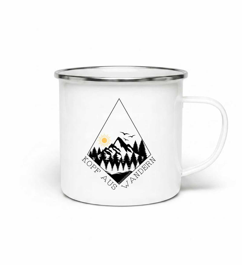 Kopf aus | Emaille Tasse von Rad&Rucksack - am Model präsentiert