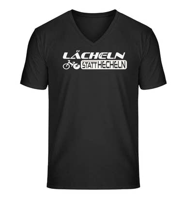 Outdoor V-Neck T-Shirt Lächeln Statt Hecheln in Schwarz – Produktbild (100% Bio-Baumwolle) von Rad&Rucksack