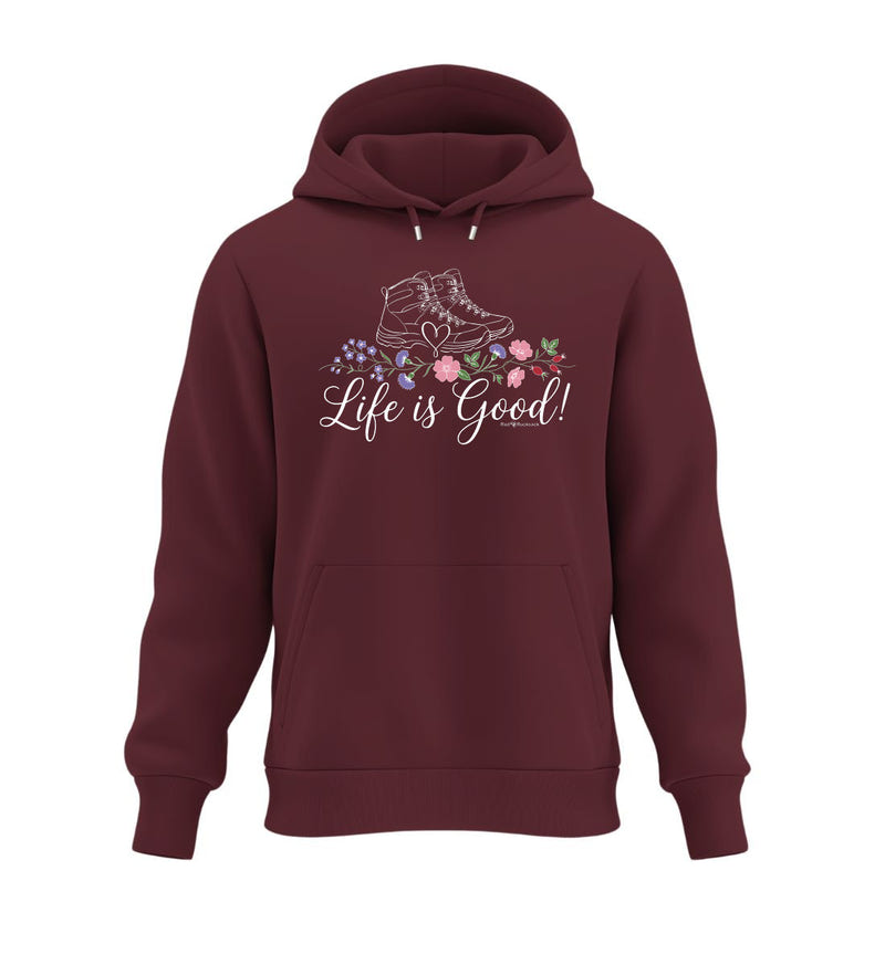 Life Is Good Hoodie in Weinrot (Burgundy) – Produktbild (350 g/m² Bio-Baumwolle) von Rad&Rucksack