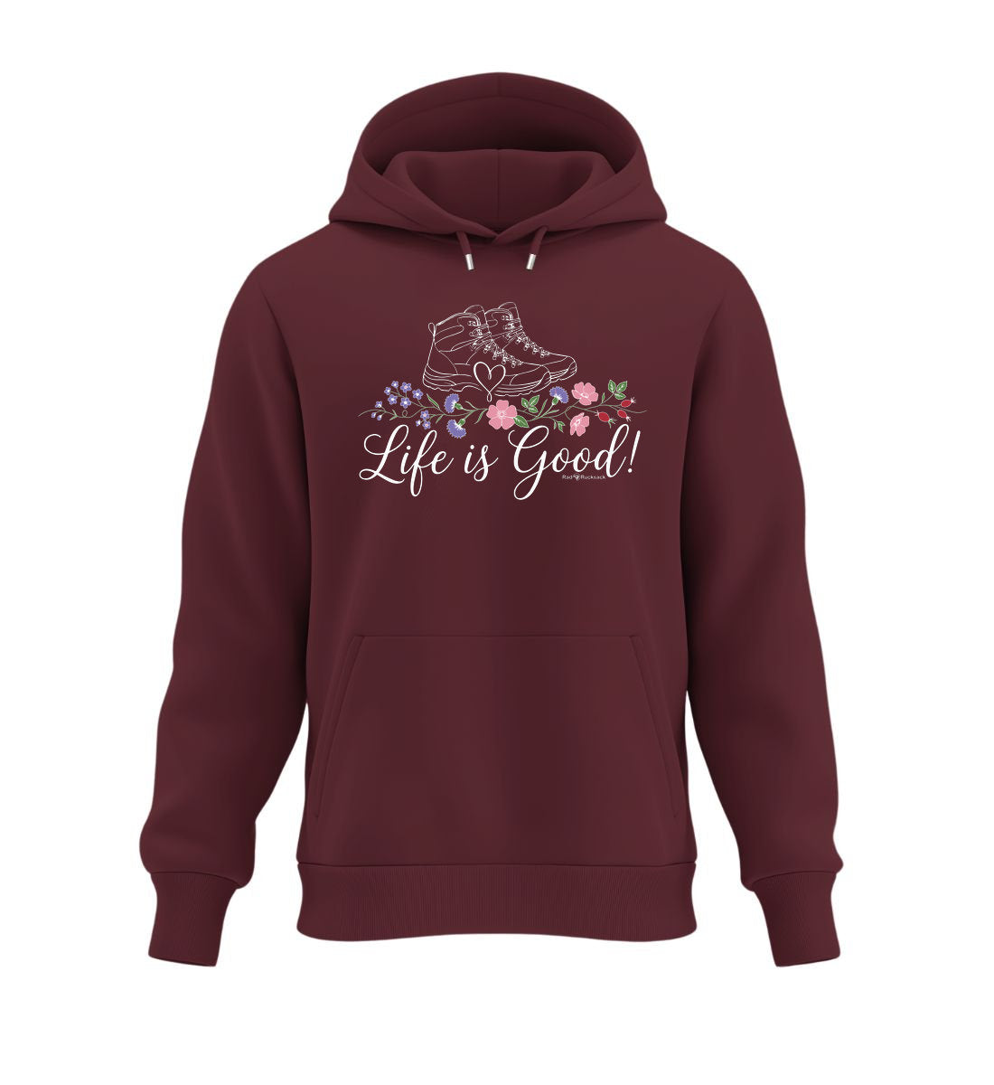 Life Is Good | Unisex Organic Hoodie in Burgundy von Rad&Rucksack