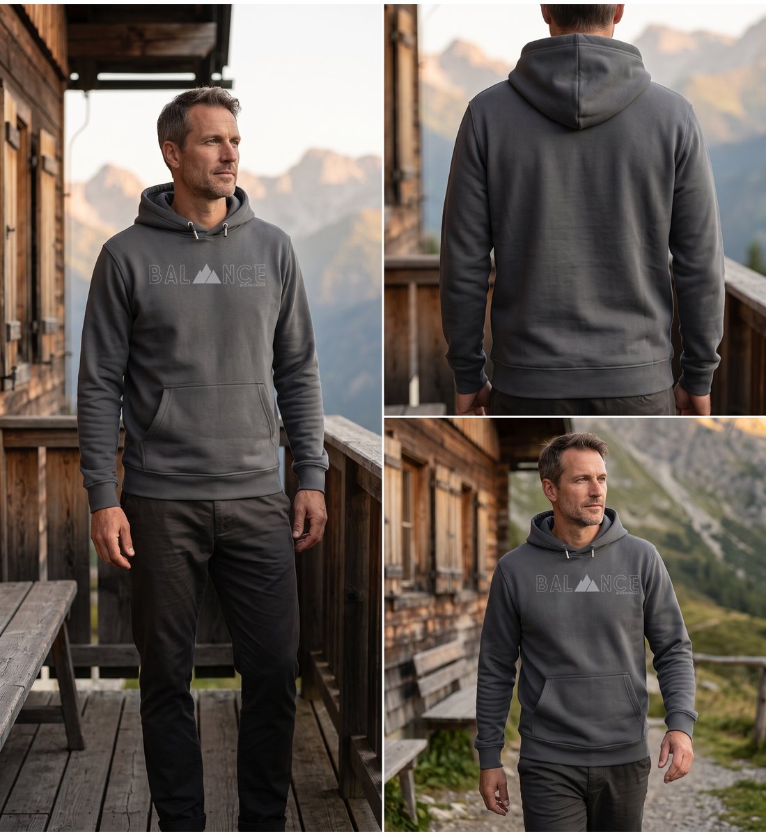 Modelbild India Ink Grey - Balance Grau | Unisex Organic Hoodie von Rad&Rucksack