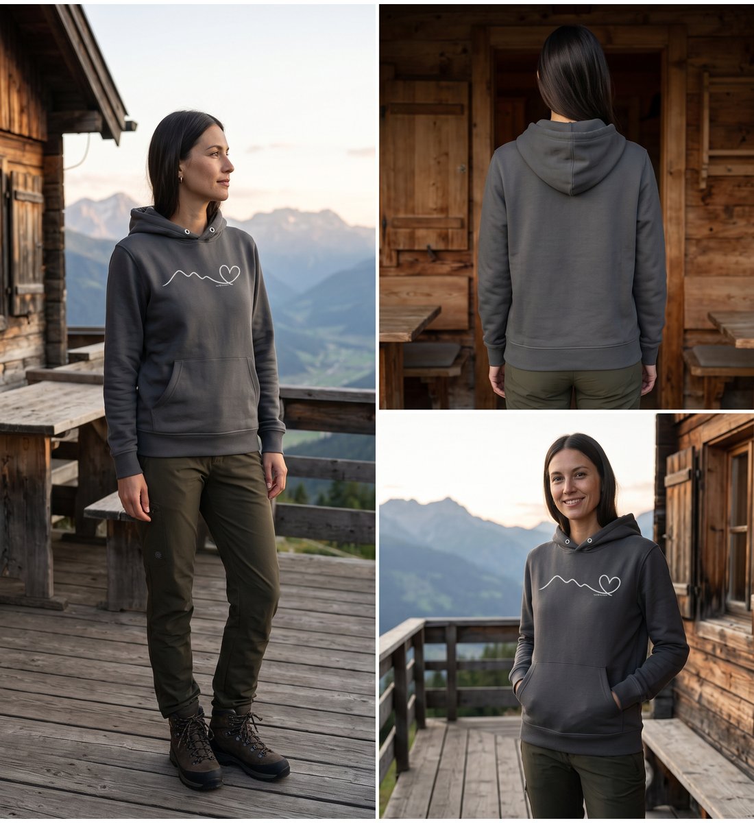 Modelbild India Ink Grey - Berg Herz | Unisex Organic Hoodie von Rad&Rucksack
