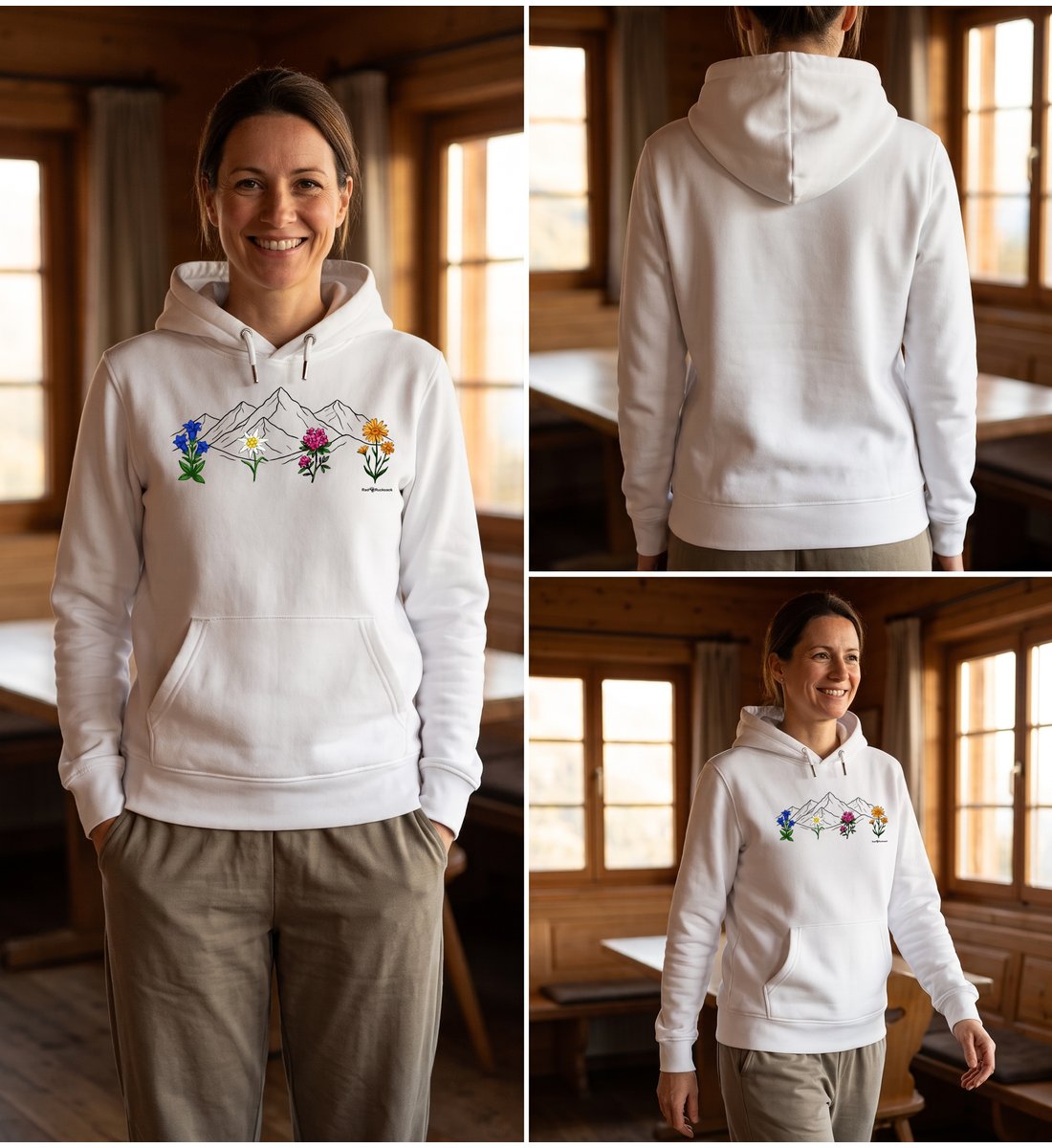Modelbild White - Berge Blumen | Unisex Organic Hoodie von Rad&Rucksack