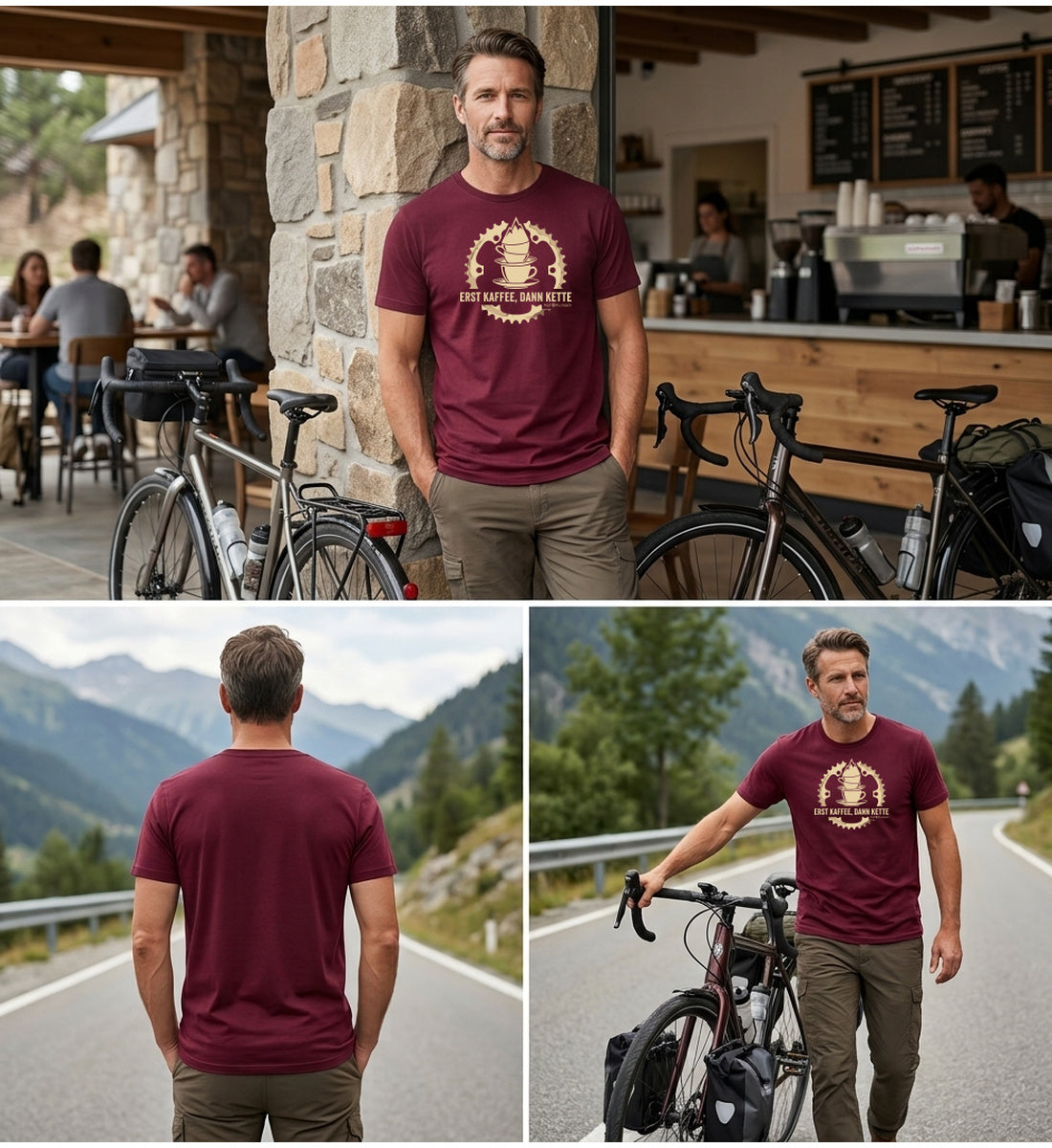 Modelbild Burgundy - Erst Kaffee, dann Kette | Herren Premium Organic T-Shirt von Rad&Rucksack