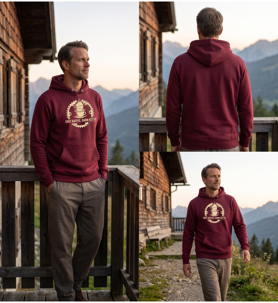 Modelbild Burgundy - Erst Kaffee, dann Kette | Unisex Organic Hoodie von Rad&Rucksack