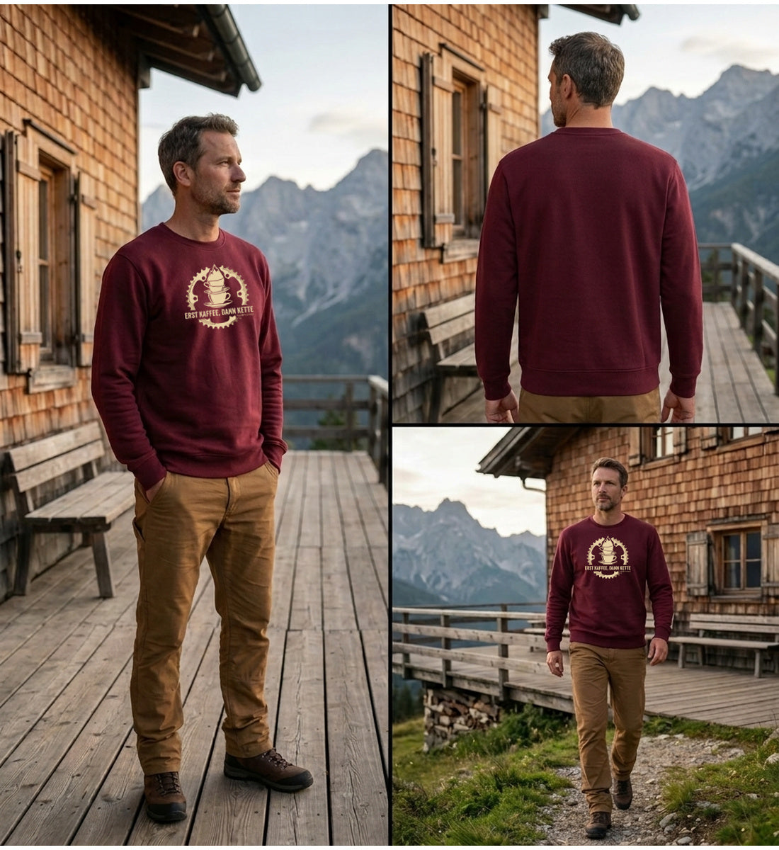 Modelbild Burgundy - Erst Kaffee, dann Kette | Unisex Organic Pullover von Rad&Rucksack