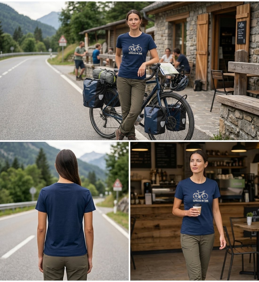 Modelbild French Navy - Espresso Tour | Damen Premium Organic T-Shirt (Fitted) von Rad&Rucksack