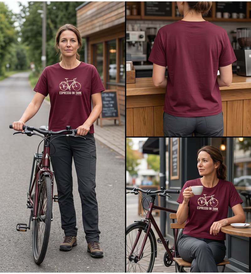 Modelbild Burgundy - Espresso Tour | Damen Premium Organic T-Shirt von Rad&Rucksack