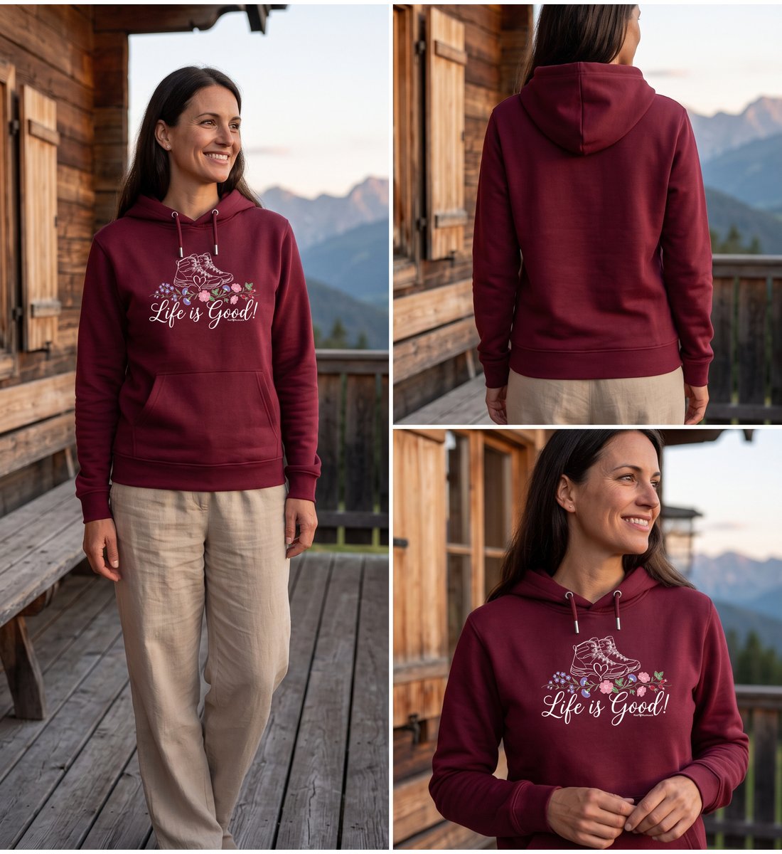 Modelbild Burgundy - Life Is Good | Unisex Organic Hoodie von Rad&Rucksack